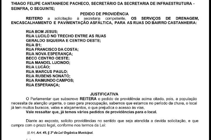Edimilson Dourado reforça pedido por asfaltamento de ruas no Bairro Castanheira, em Porto Velho